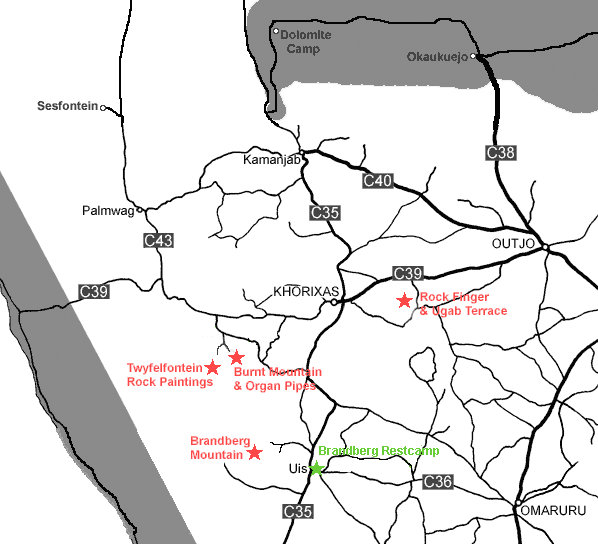Damaraland map showing Brandberg Restcamp Location