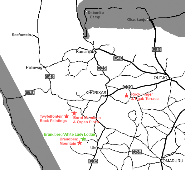 Damaraland map showing Brandberg White Lady Lodge Location