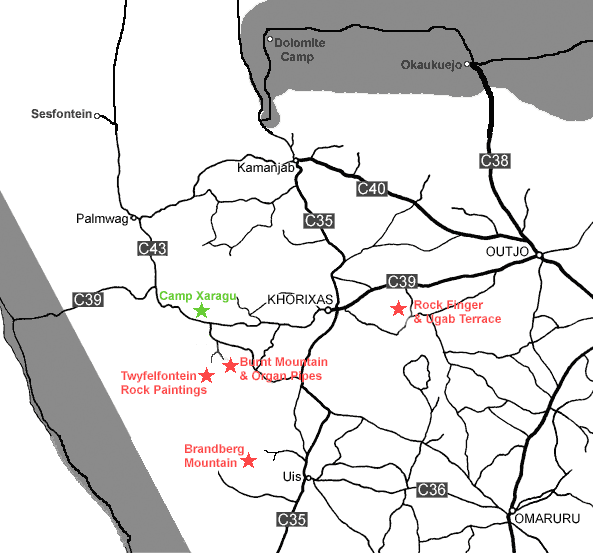 Damaraland map showing Camp Xaragu Location