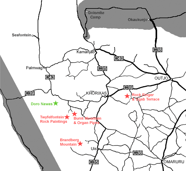 Damaraland map showing Doro Nawas Camp Location
