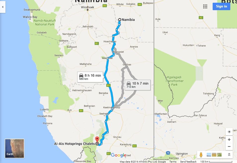 directions to Ai Ais Resort Fish River Canyon map