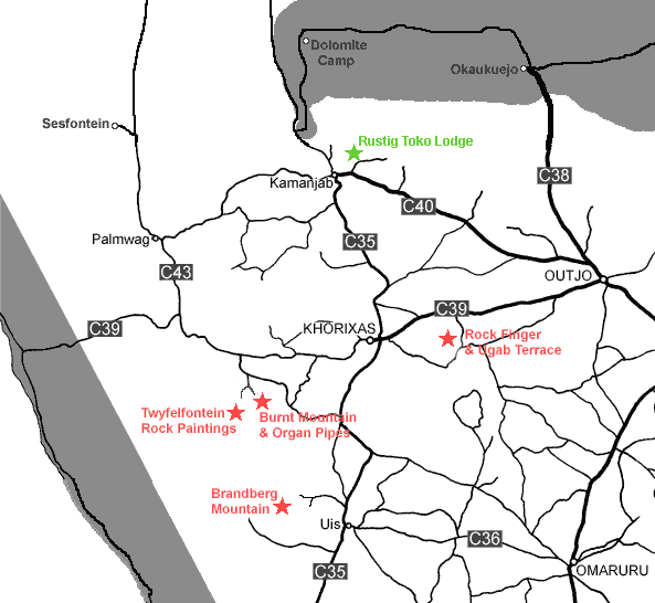 Damaraland map showing Rustig Toko Lodge Location