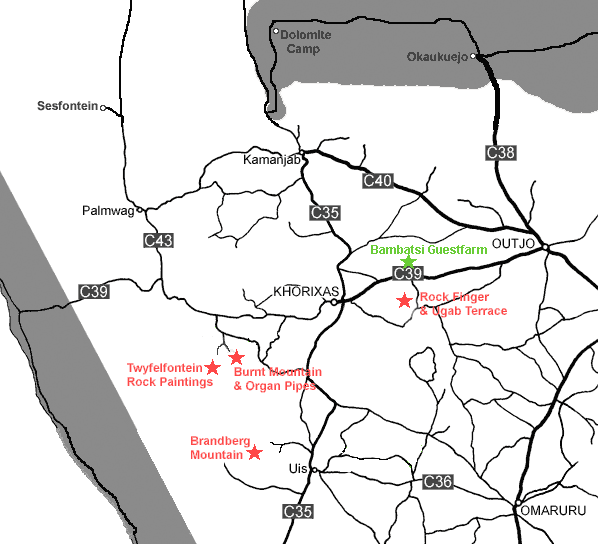 Damaraland map showing Bambatsi Guestfarm Location