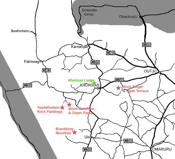 Damaraland map showing Khorixas Lodge Location