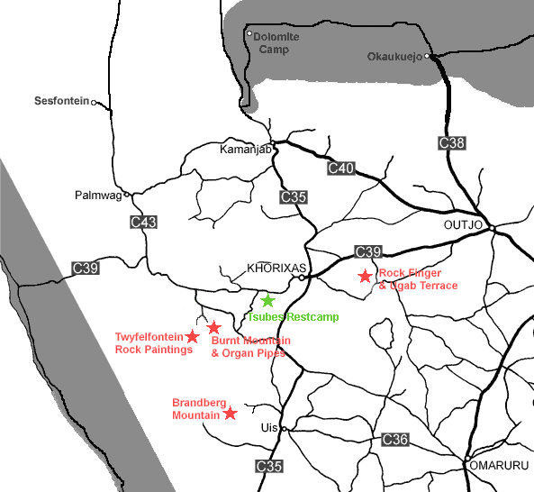 Damaraland map showing Tsubes Restcamp Location