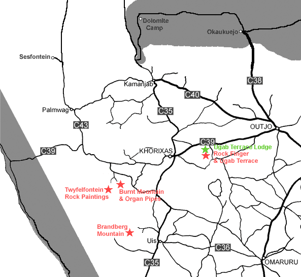 Damaraland map showing Ugab Terrace Lodge Location