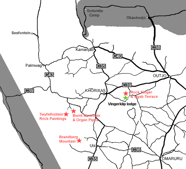 Damaraland map showing Vingerklip Lodge Location