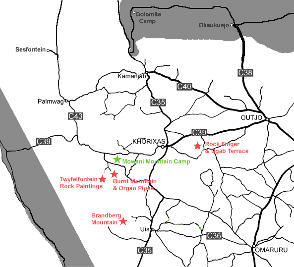 directions to Mowani Mountain Camp Damaraland map