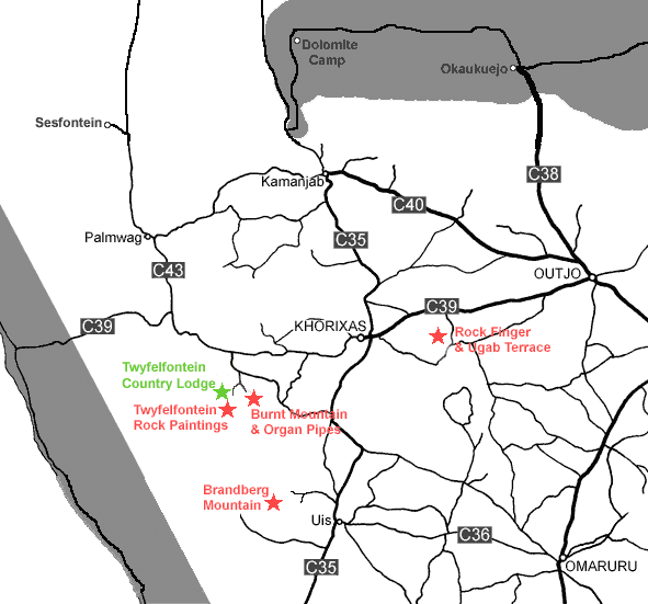 Damaraland map showing Twyfelfontein Lodge Location