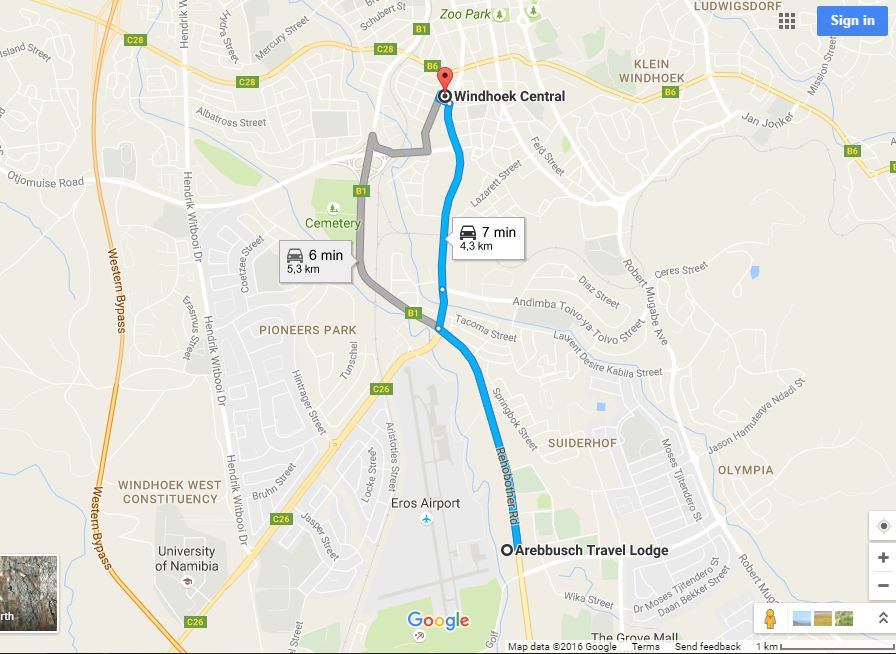 directions to Arrebusch Travel Lodge Windhoek map