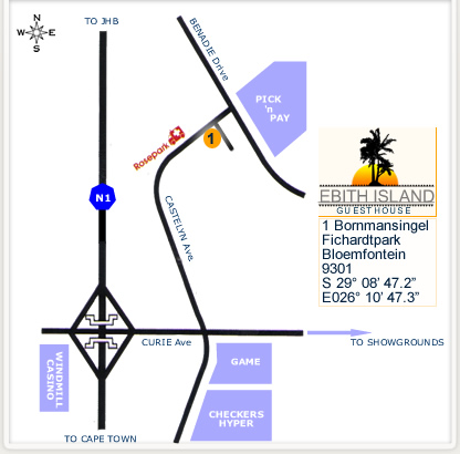 directions to Ebith Island Guesthouse Bloemfontein map