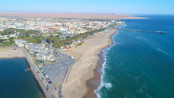 Aerial view of Swakopmund where the desert dunes meet the Atlantic