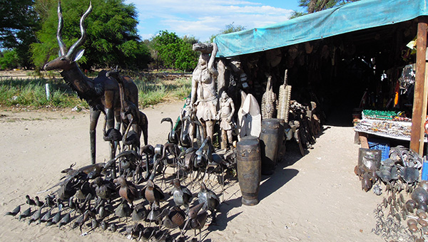 Wood carvings and crafts at an open-air market in Namibia