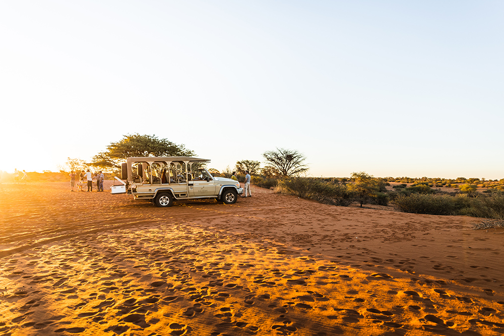 Sundowner drinks on a red Kalahari dune at sunset