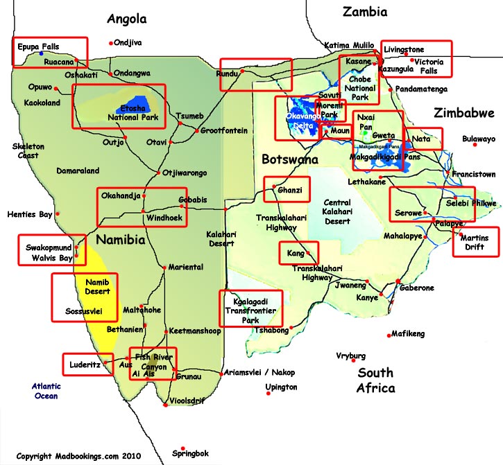 Map showing Namibia and Botswana main areas