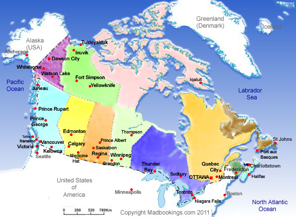 Map showing main places in Canada
