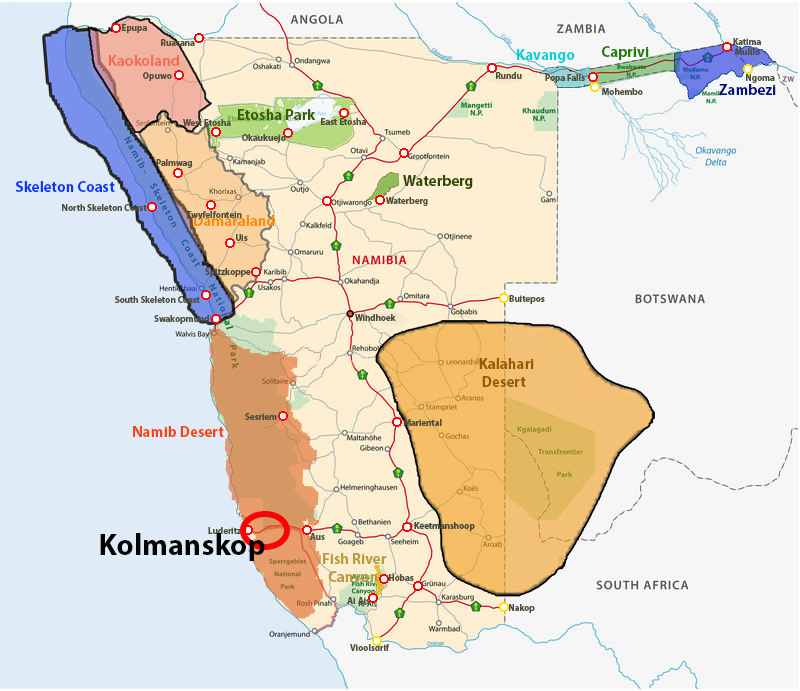 Map of Namibia showing Kolmanskop and Lüderitz in the far south