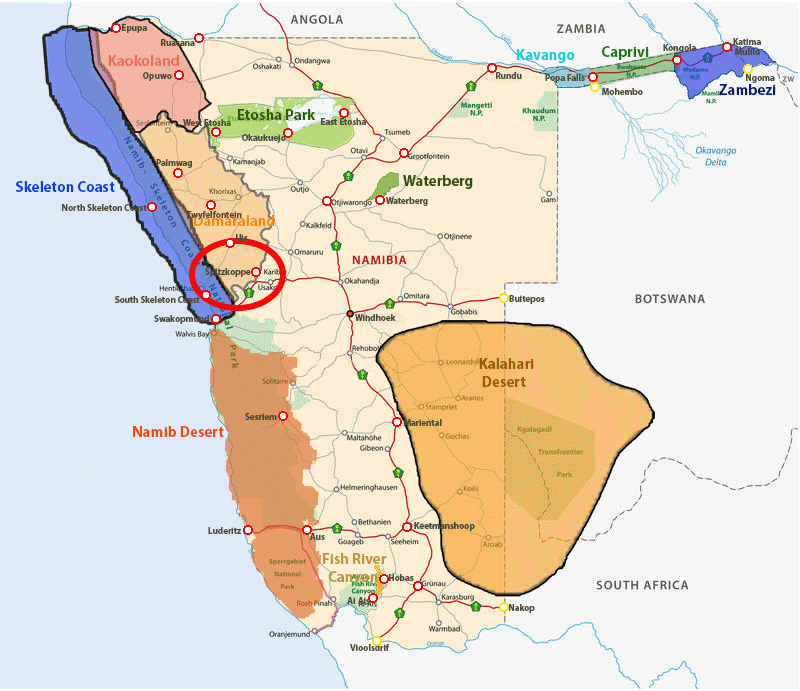 Map of Namibia showing Spitzkoppe between Usakos and Swakopmund in the Erongo Region