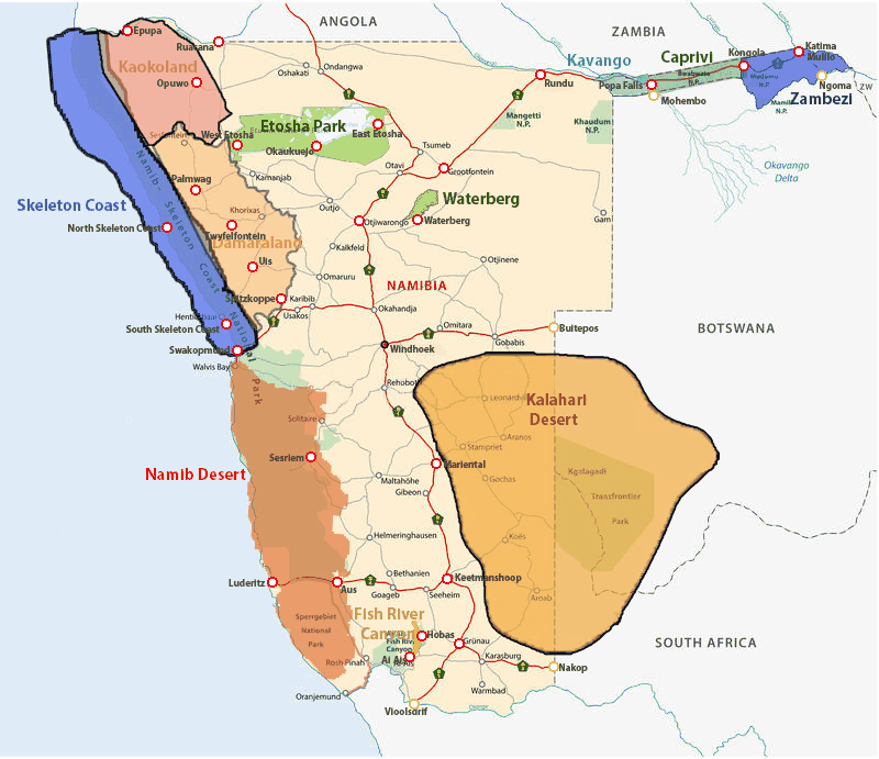 Map of Namibia showing the main tourist destinations