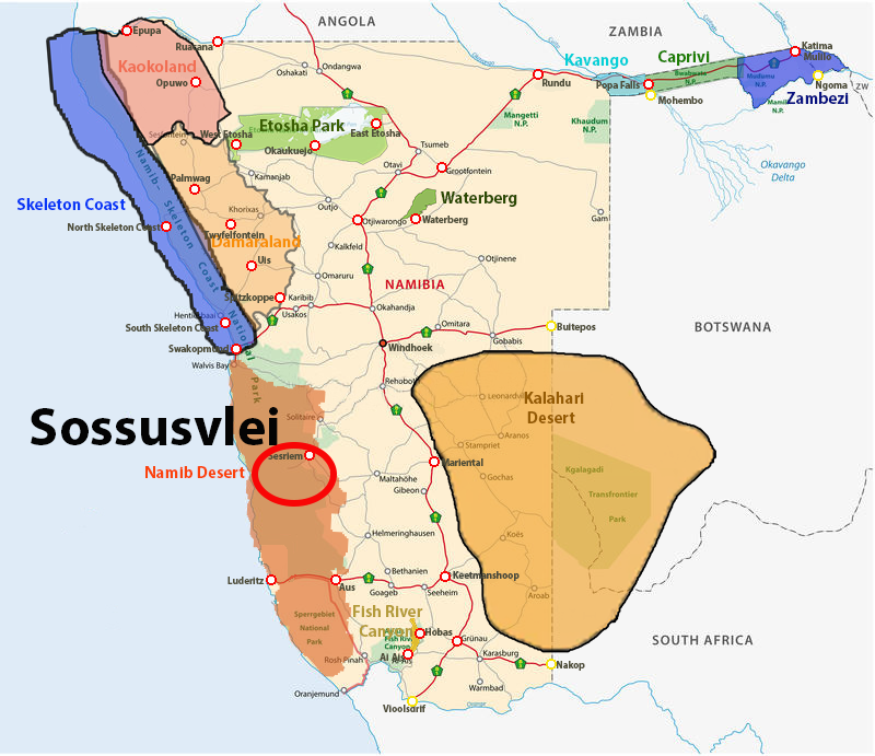 Map showing the Namib Desert and Sossusvlei area in Namibia