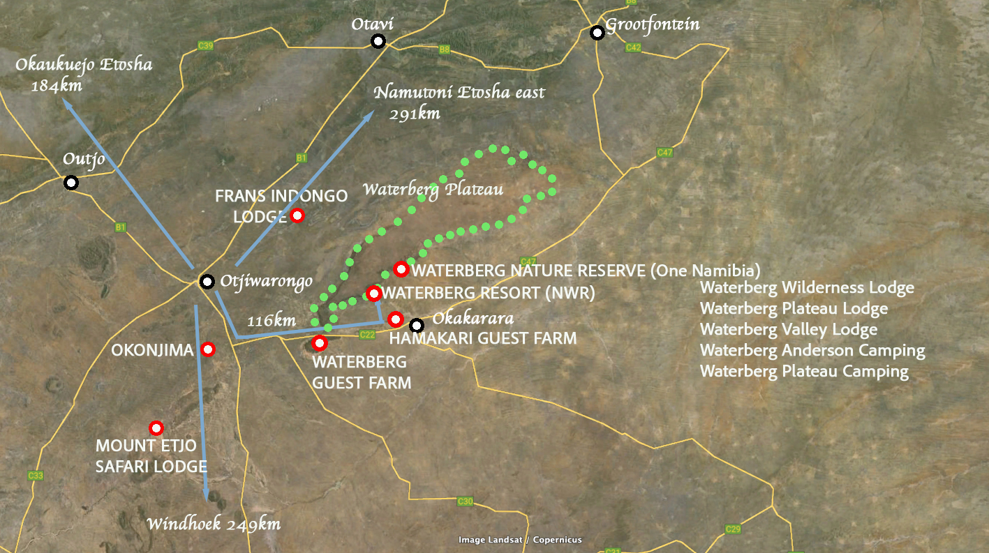 Map showing the lodges and camps around the Waterberg Plateau