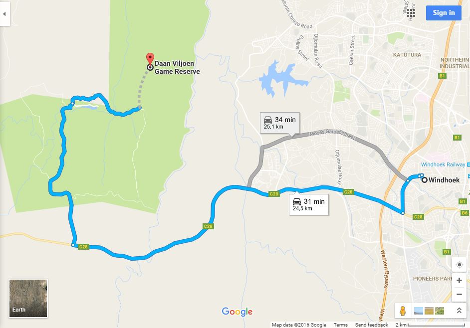 directions to Camping At Daan Viljoen Windhoek map