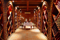 Image of the wine tasting room at Epacha Game Lodge, Aus, Namibia, featuring a central table set up for guests to enjoy wine tastings surrounded by shelves displaying various wines.