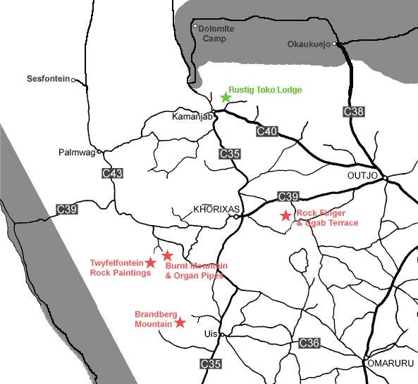 directions to Rustig Toko Lodge Camping Kamanjab map